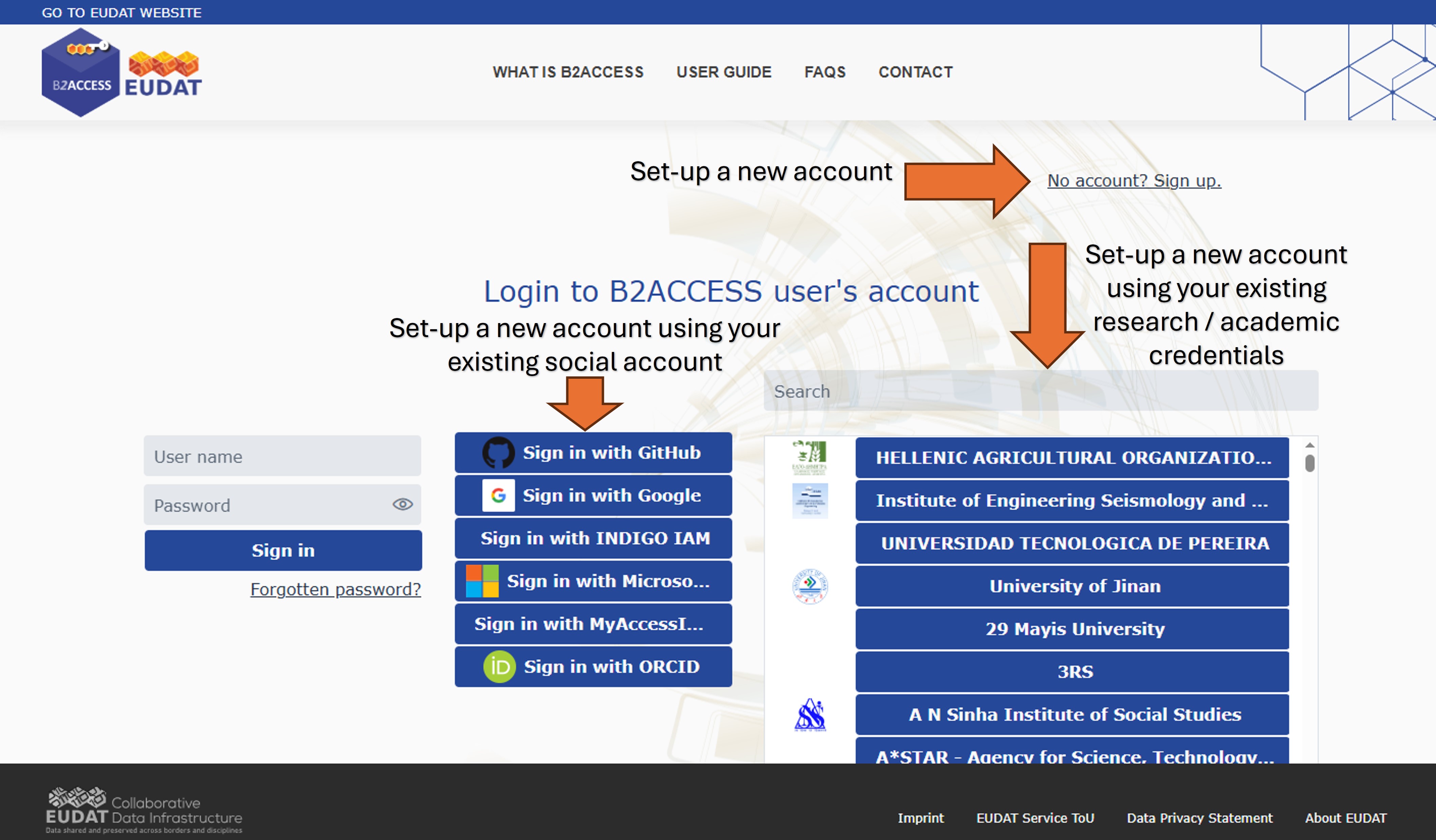 You can signup using your existing social accounts, or professional academic identities or set up a completely new account via B2ACCESS